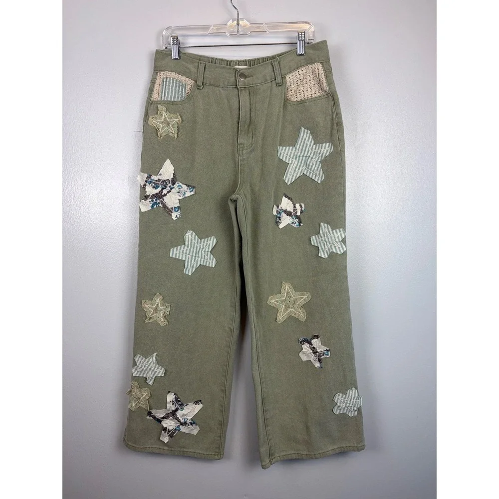 POL Sage Green Patchwork Star‎ Straight Wide Leg Jeans Small Boho Festival Pants